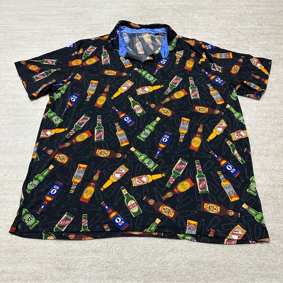 Hawke & Co Performance Golf Polo Shirt Men's AOP Button Up Beer Bottles 2XL - Picture 1 of 5